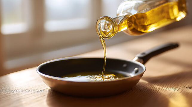 Golden cooking oil pour from glass bottle into frying pan on warm wooden kitchen table, natural light, food preparation, healthy ingredient, meal cook