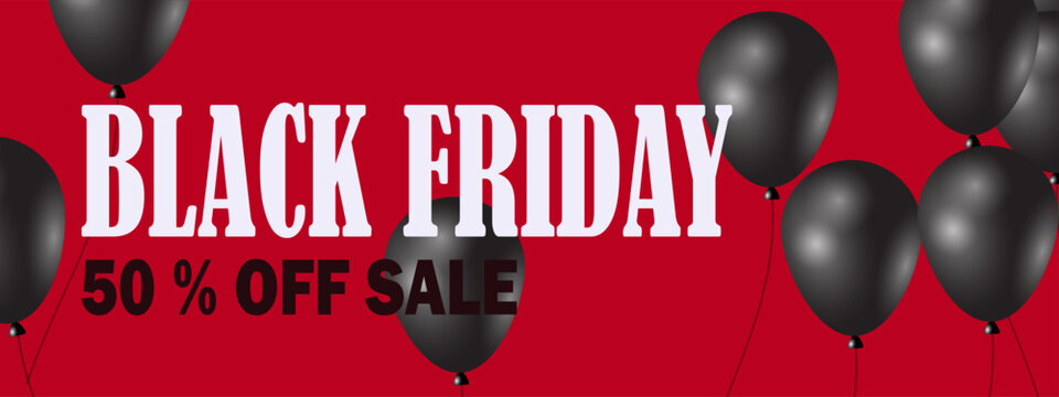 Black Friday Sale Banner with Dark Shiny Balloons on black Background. Luxury vector illustration with copy space for promotions and holiday marketing design.