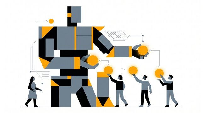 Abstract flat vector geometric illustration of a giant robot and humans working together exchanging golden elements representing human-robot collaboration