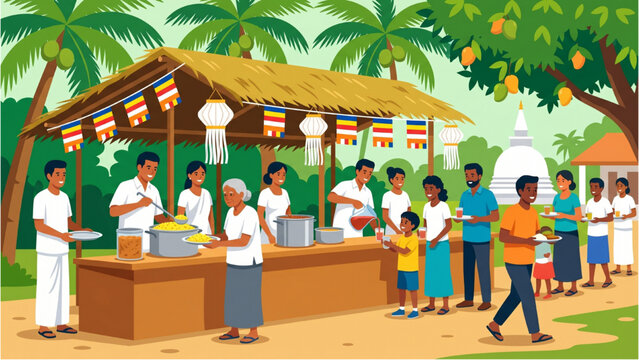 Poson Dansala Vector Illustration, Buddhist Festival Free Food and Drink Sharing Scene, Community Charity and Cultural Celebration Concept