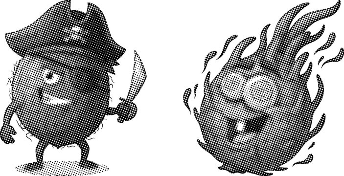 Funny fruit cartoon characters set with halftone dot pattern for pirate coconut and flaming dragon fruit mascot