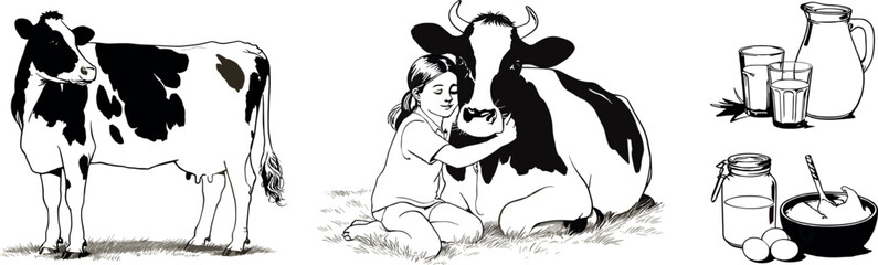 Black and white line of a standing cow a young girl hugging a resting cow and various dairy products including milk in glasses a pitcher a jar and a bowl with eggs