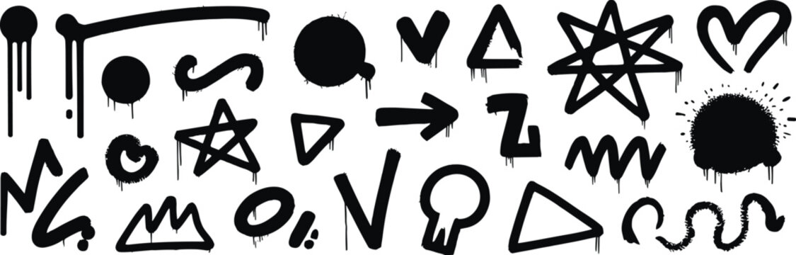 Collection of black spray paint graffiti including drips circles stars arrows triangles hearts and wavy lines isolated on a white background for urban street projects
