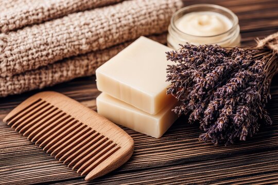 Natural spa set with lavender, soap, cream, wooden comb, and soft towel on rustic wood background.