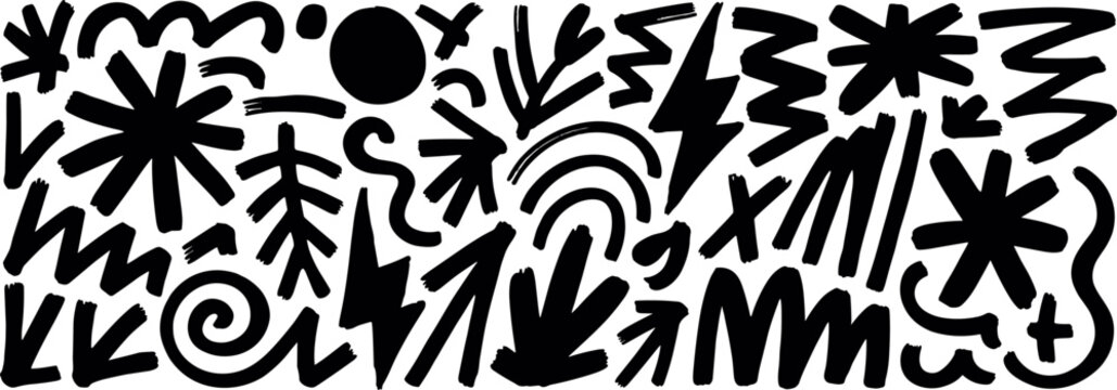 Collection of hand drawn black ink brush strokes and abstract shapes including zigzags circles stars squiggles and plant like botanical isolated on a white background