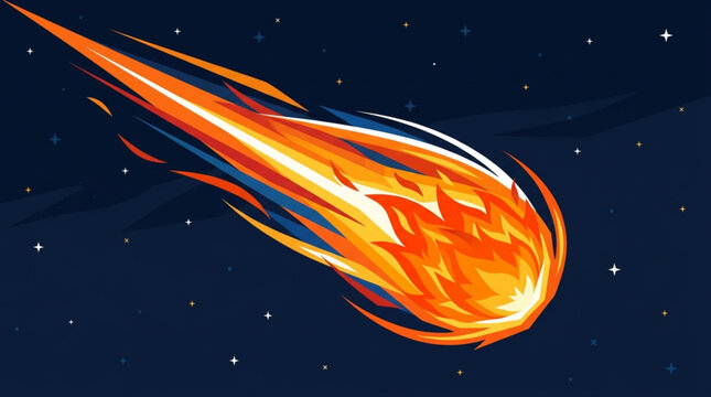 Flying fireball meteor with flame tail flat vector illustration in comic style