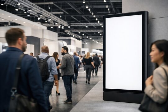 Blank billboard in busy exhibition