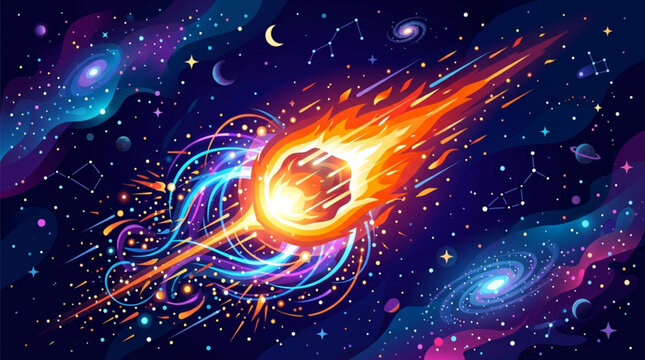 Giant burning meteor flying through colorful cosmic galaxy space vector background