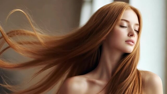 Hair Care. Young woman with long flowing red hair, elegant beauty portrait, slow motion footage, soft studio lighting on neutral background