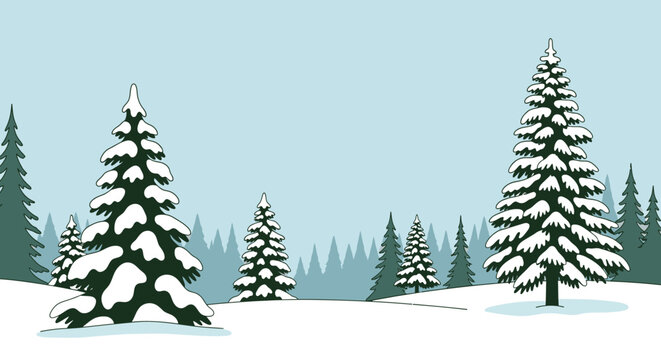 Snow covered evergreen trees in winter landscape against blue sky background