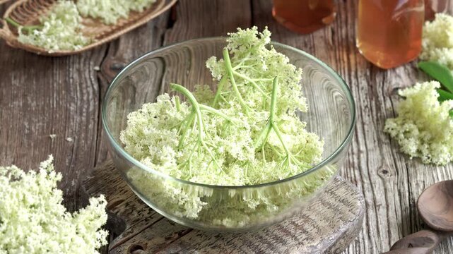 Person's hands putting fresh elderberry flowers into a glass bowl to prepare homemade herbal syrup
