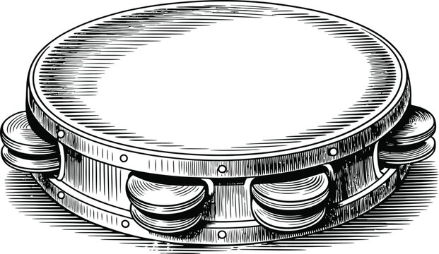 Tambourine musical instrument drawing in classic woodcut style for rhythmic percussion art.