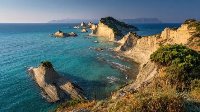 Cape Drastis coastline at golden hour: rugged limestone cliffs meet turquoise Ionian Sea, Corfu