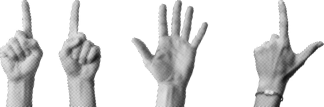 Halftone illustration of various hands gesturing pointing upwards and sideways on white