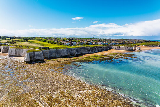 White Cliffs over Botany Bay and Kingsgate Bay from a drone at low tide, Broadstairs, Kent, England