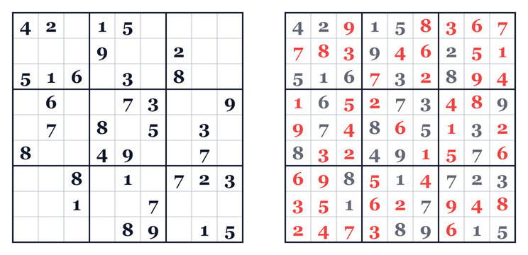 Classic Sudoku Puzzle and Solution Set, Brain Training Number Logic Game Worksheet, Educational Puzzle Grid for Mental Exercise and Cognitive Skill Development
