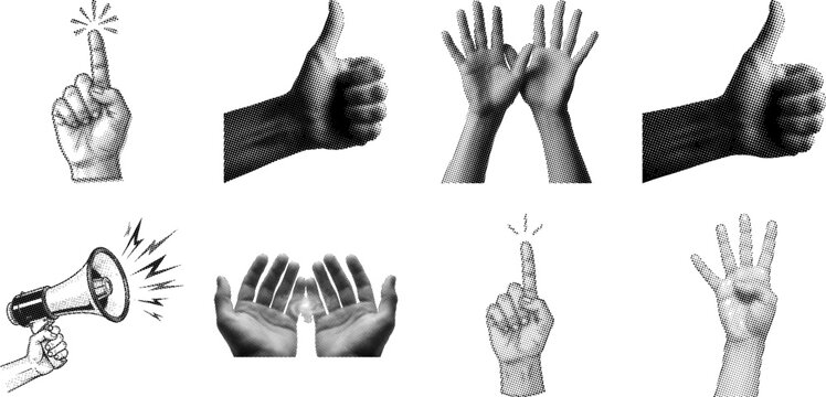 Various hands and a megaphone in different gestures and positions on white background