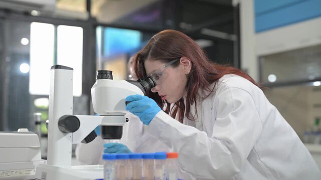 Scientists in lab coats conduct research using microscopes and test tubes