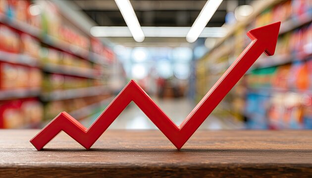 Red upward trending graph on wooden surface in aisle of store