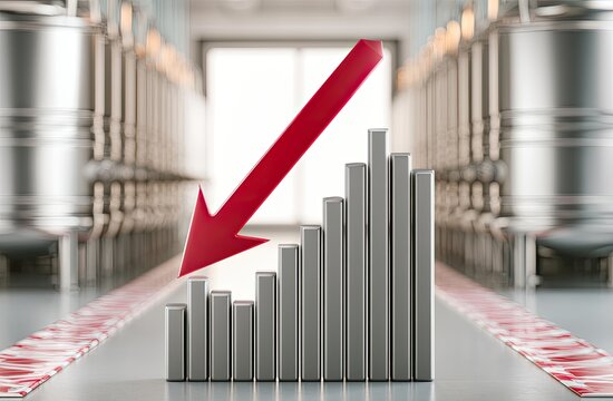 Bar graph showing decline, with a red arrow pointing downwards