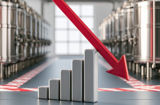 A red arrow plummets over a rising bar graph, depicting financial decline