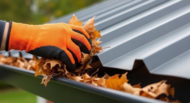 Hand in orange work glove cleaning autumn leaves from a clogged rain gutter next to a metal roof.