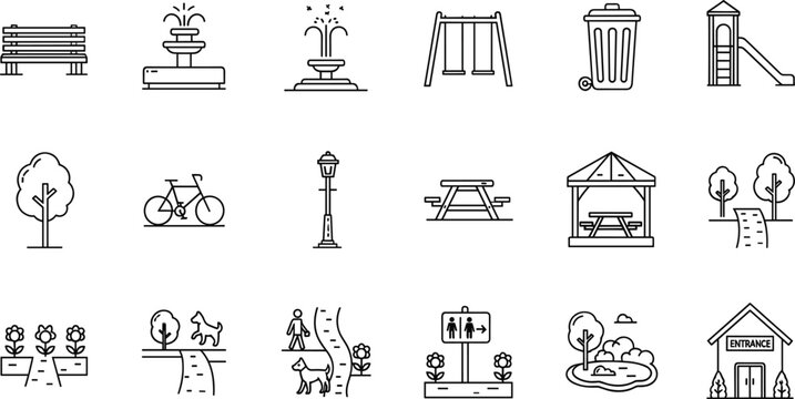 Public Park and Recreation Outline Icon Set with Playground Benches Fountain Picnic Area and Outdoor Facility Symbols Collection