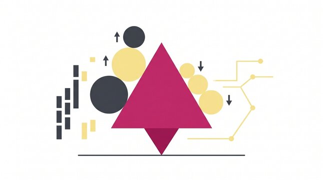 Abstract flat vector illustration of a balancing magenta triangle with circles and arrows representing risk management and business equilibrium
