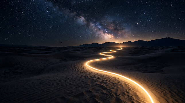 Under the boundless cosmos, a glowing winding path traces its way through the vast desert expanse on a tranquil Muharram night, symbolizing a guided spiritual journey