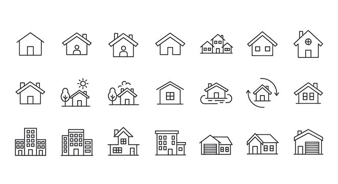 Set of hand drawn house and building icons with real estate building architecture residential property collection construction illustration