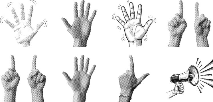Black and white illustration of various hand gestures and a megaphone on white background
