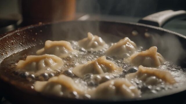 Delicious concept golden-fried dumplings sizzle in a pan. An iconic visual of savory homemade food, perfect for a vibrant vector, symbolizing culinary tradition and comforting warmth