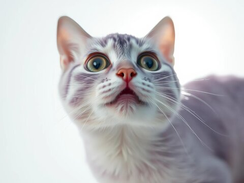 Ethereal lilac feline, wide-eyed wonder, mouth agape, a silent gasp of pure amazement against a luminous white void,  vivid colors,  macro