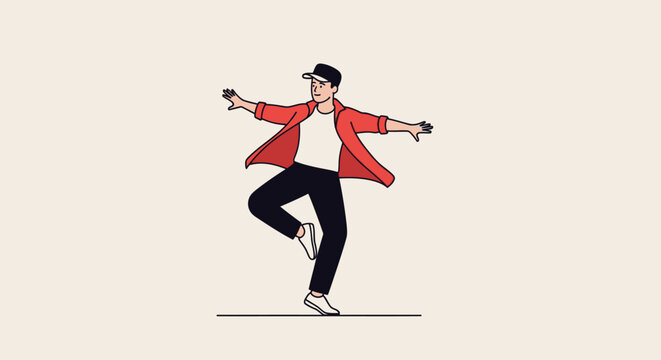 Young man dancing in motion with arms outlined on isolated background