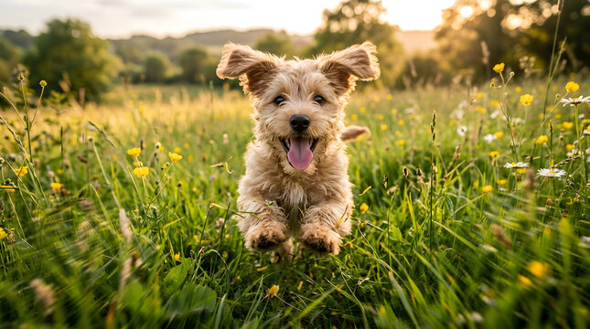 Energetic Puppy Running Happily Through a Green Meadow