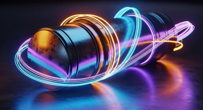 Abstract cylinder shape with glowing neon light trails and motion lines sci fi cylinder