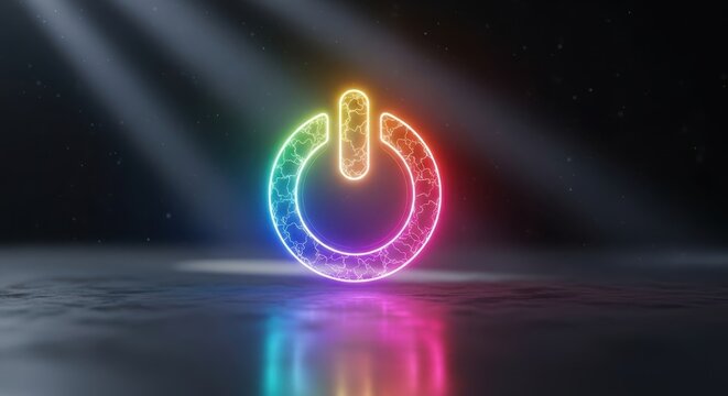 Glowing neon power button symbol with volumetric light beams technology electronic