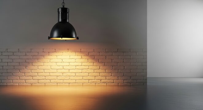 Industrial pendant lamp illuminating a textured brick wall with lighting, industrial