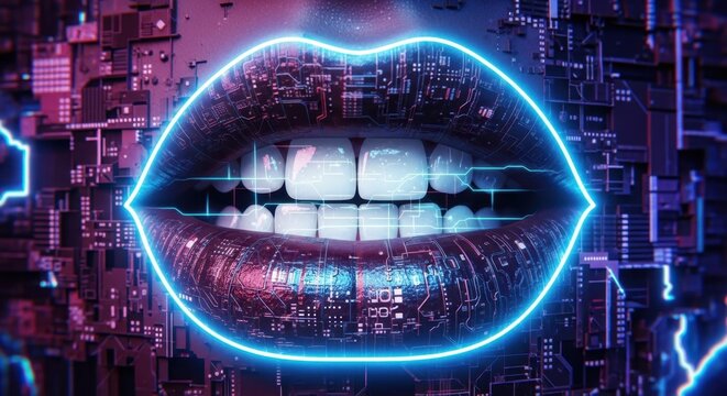 Abstract digital cyberpunk lips with glowing neon technology pattern high tech cyberpunk