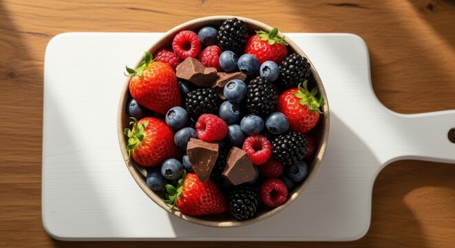 Fresh mixed forest berries and chocolate pieces in a wooden bowl with chocolate, nutrition