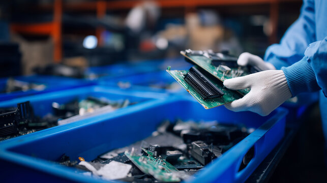 Realistic electronics recycling worker sorting old computer hardware in repair workshop, authentic e-waste processing scene with circuit boards, blue storage bins, gloved hands, in