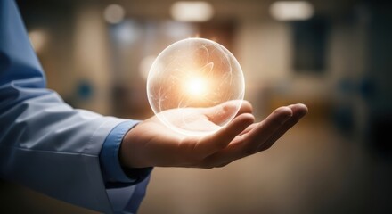Fototapeta premium Person holding a glowing digital sphere concept with technology innovation abstract