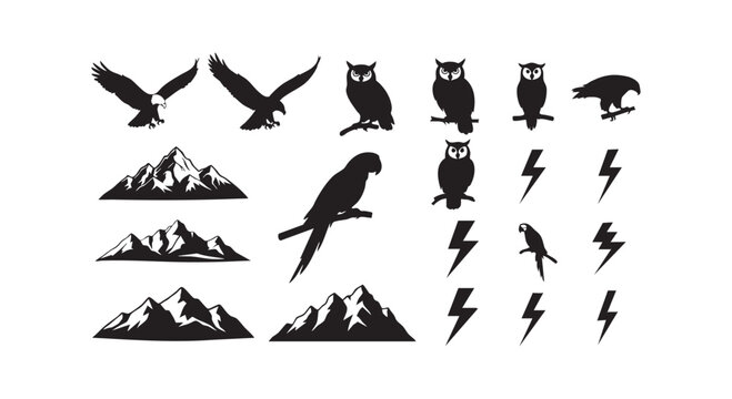 Nature and wildlife silhouette set with eagles owls parrots majestic mountains and lightning bolt weather symbols icons.