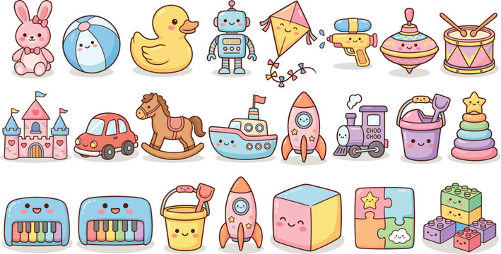 Cute baby toy sticker bundle with kawaii cartoon playroom elements including rubber duck robot rocket train car and blocks for kids graphic design elements