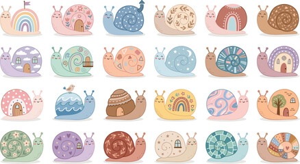 Cute snail sticker bundle with boho cartoon gastropod characters featuring decorative shells with rainbows flowers and houses for nursery graphic design elements © MeheDi