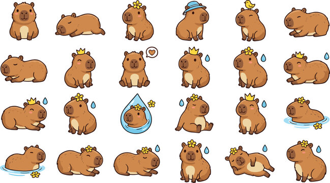 Cute capybara sticker bundle with kawaii cartoon animal characters in various poses including swimming sleeping and wearing crowns for graphic design elements