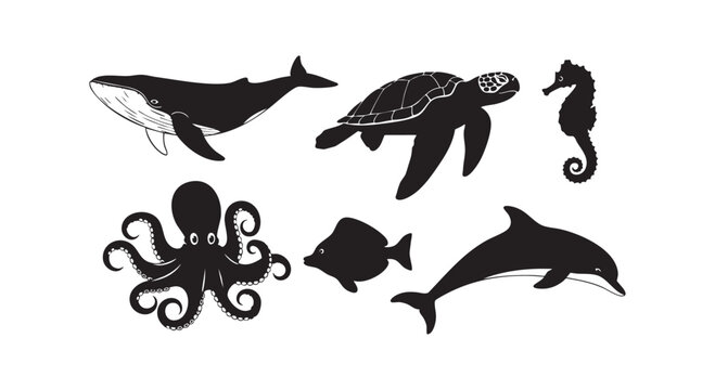 Ocean sea creatures whale turtle seahorse octopus fish dolphin black silhouette on white background.