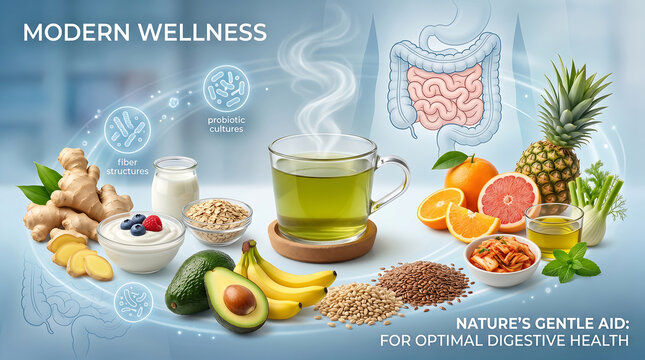 Natural ingredients and herbal tea promote optimal digestive health and modern wellness through gentle aids