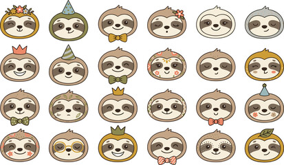 Fototapeta premium Cute sloth face sticker bundle with kawaii cartoon animal heads showing different emotions expressions crowns and party hats for children graphic design elements