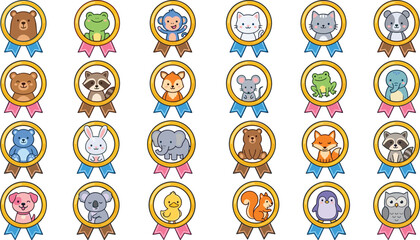 Cute animal medal sticker bundle with kawaii cartoon badge award illustrations including bear frog cat monkey fox elephant for kids school design elements © MeheDi